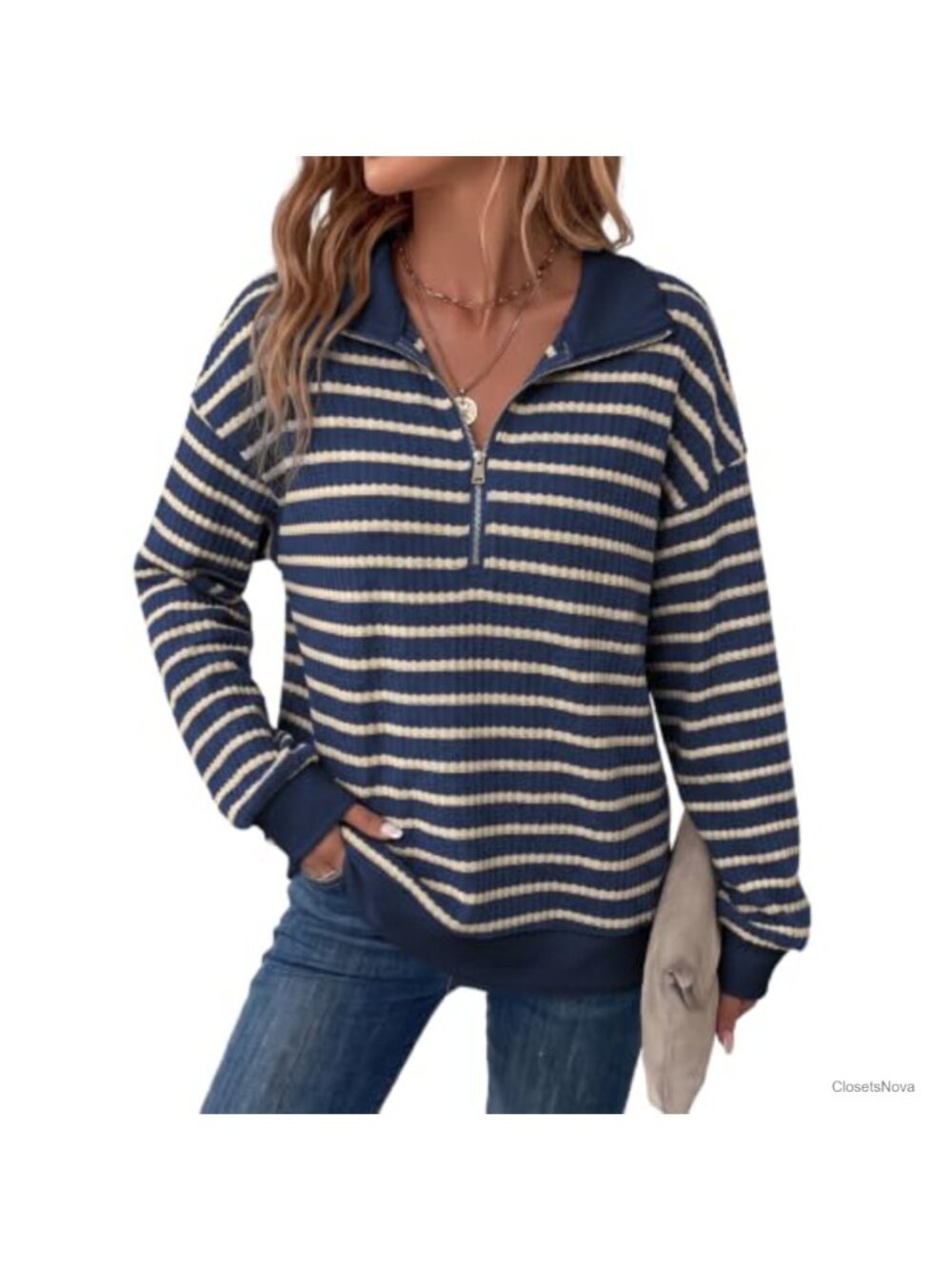 Waffle Knit Half Zip Striped Pullover Sweatshirt Loose Fit
